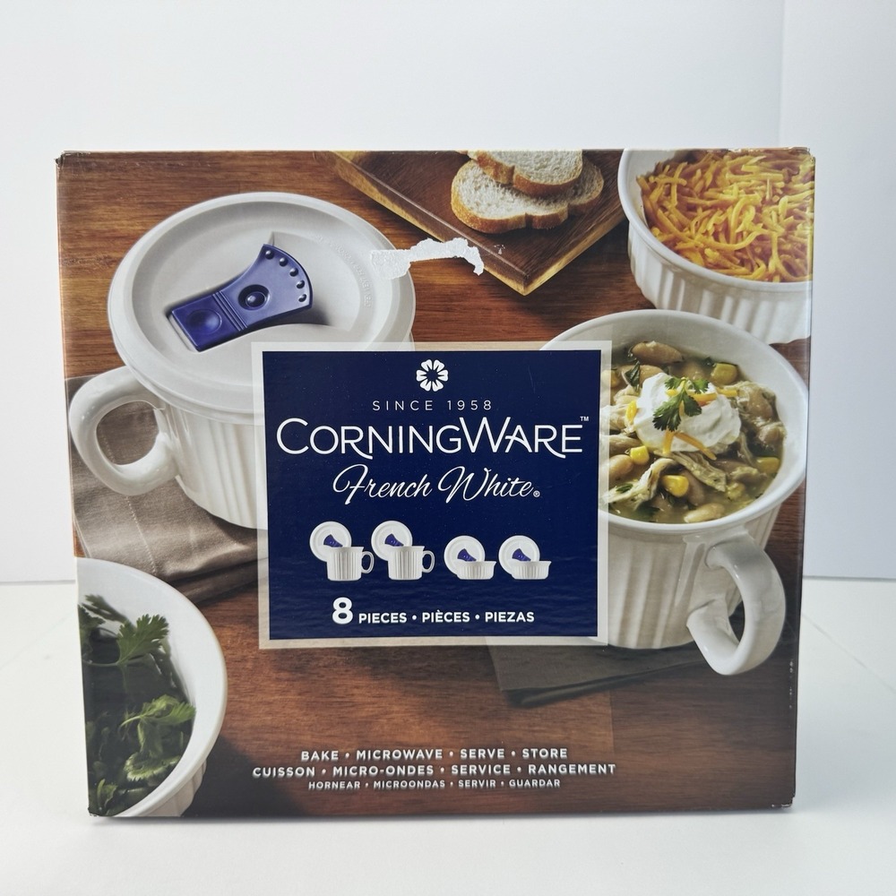 Corning Ware FRENCH WHITE 20oz. SOUP/MEAL MUGS with VENTED LIDS (set of 8) BNIB